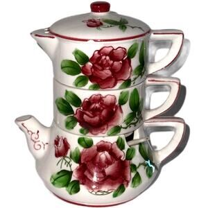 Vintage 4pc Set Lefton Floral Rose Stacking Salt & Pepper Shakers Sugar Bowl